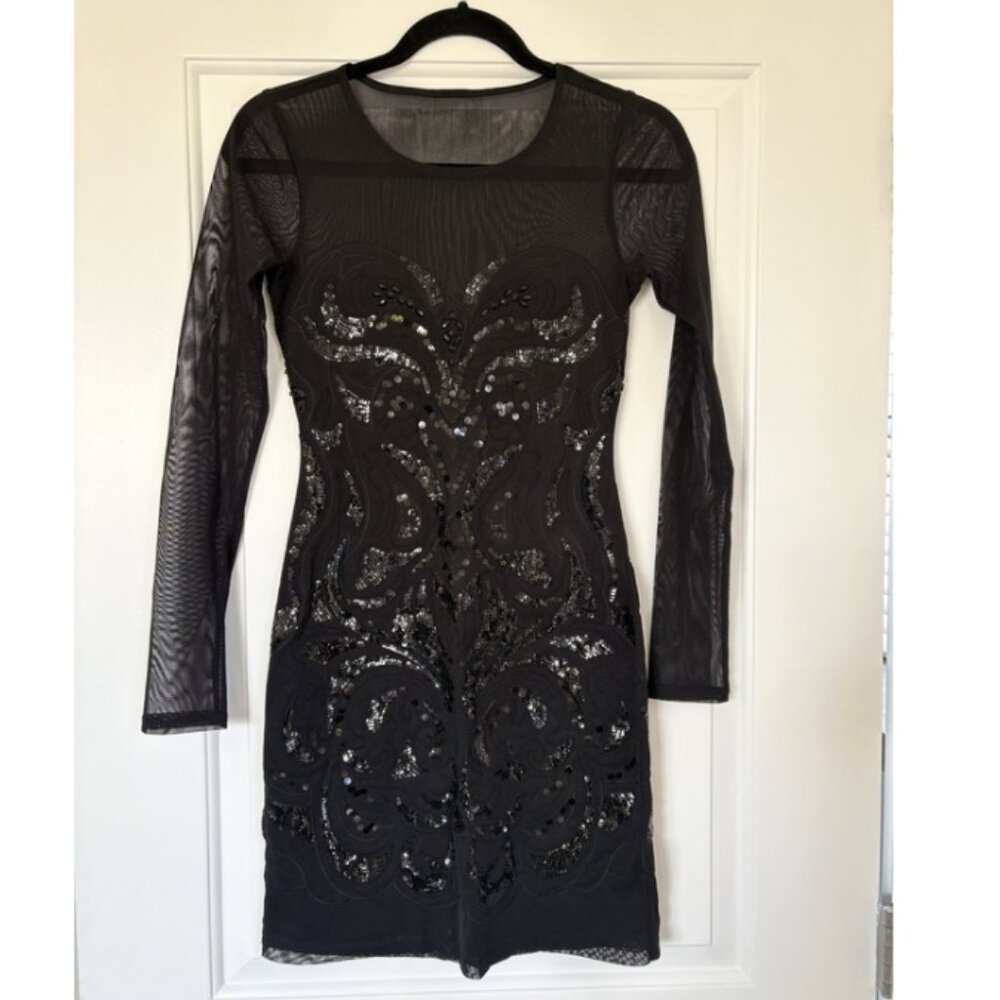 COPY - Express Black Mesh with Sequins Long Sleeve Above the Knee Dress